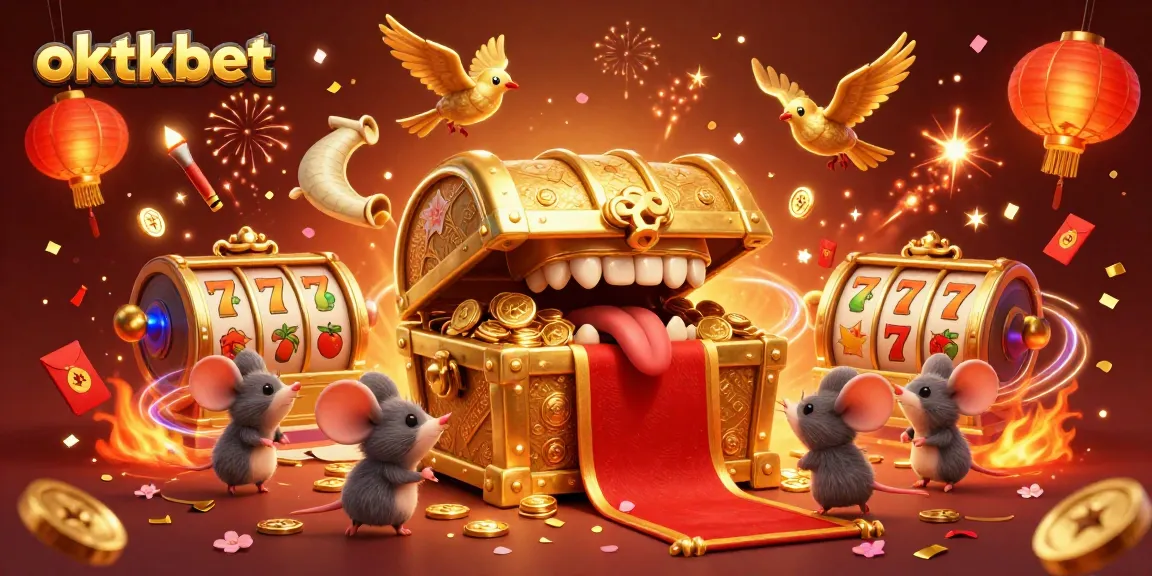 Engage with oktkbet's vibrant casino scene filled with slot reels and celebration elements.