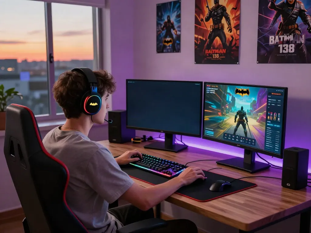 Player engaging with the Batman138 gaming platform in a vibrant home setup.
