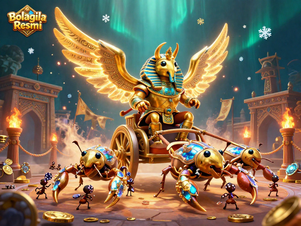 Engage with Bolagila Resmi in a vibrant 3D casino scene featuring a golden scarab beetle and scorpions.