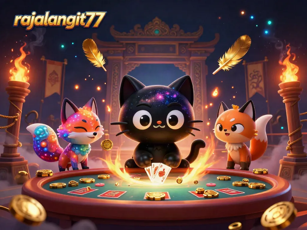 Engage with rajalangit77 at a cosmic casino, where golden chips swirl around a captivating black hole cat and nebula fox.