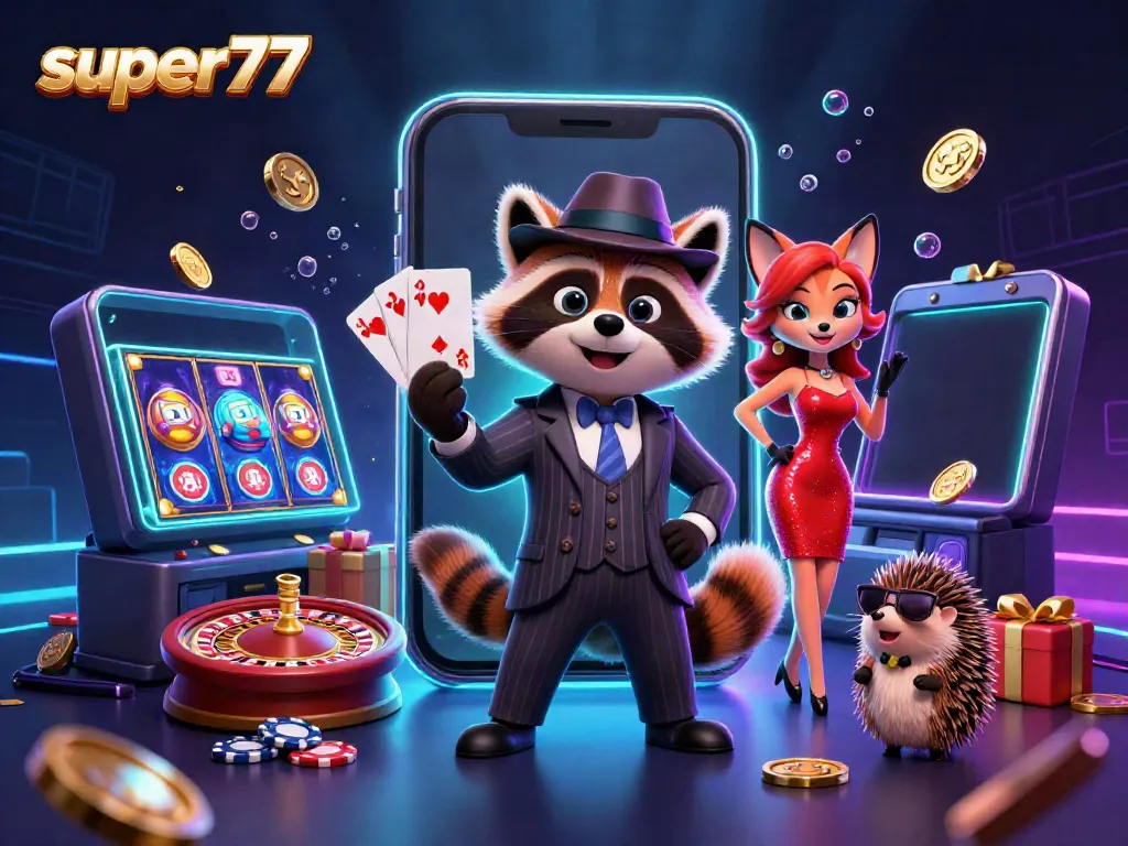 Experience excitement with Super77's vibrant slot action featuring playful characters and casino elements.