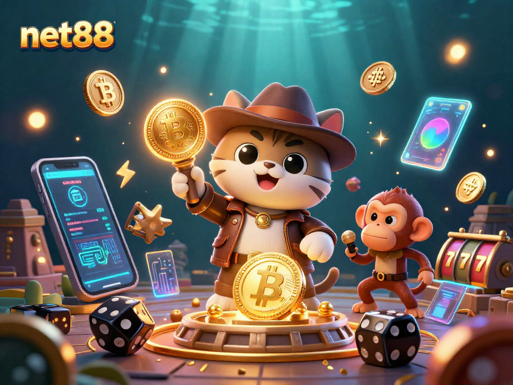 Experience net88 with a 3D cartoon scene of an archaeologist cat and treasure elements.