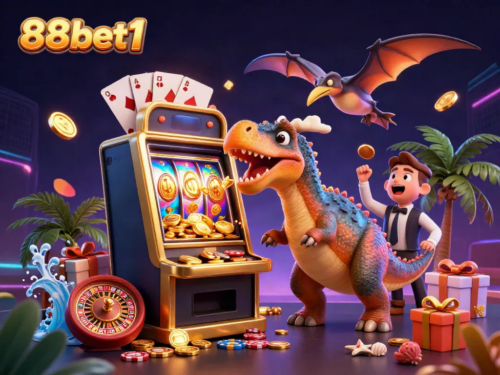 Experience the thrilling jackpot action at 88vbet1 with a dinosaur-themed slot scene and vibrant casino elements.
