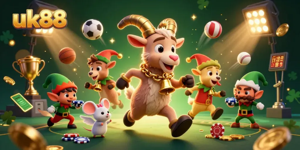 Play poker at the festive uk88 casino with a chaotic scene of characters and thrilling action.