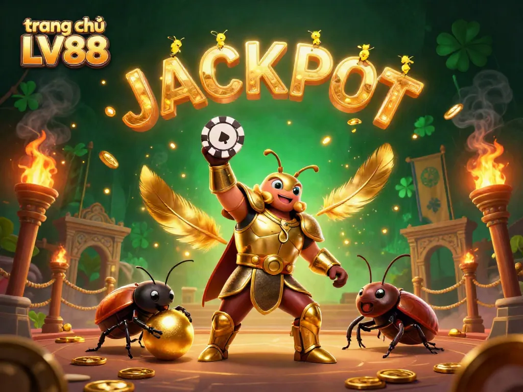Experience excitement at trang chủ LV88 with a 3D beetle character celebrating a jackpot.