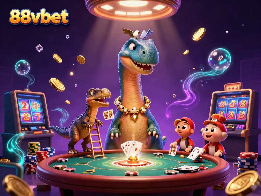 Experience the excitement at 88vbet with a lively casino scene featuring playful dinosaur characters amidst sparkling treasures.