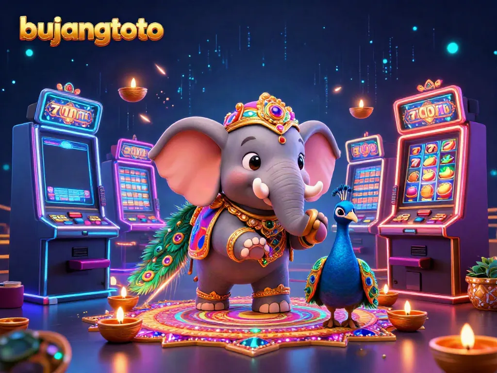 Play interactive games with bujangtoto, featuring a vibrant 3D scene with colorful slot machines and an elephant.