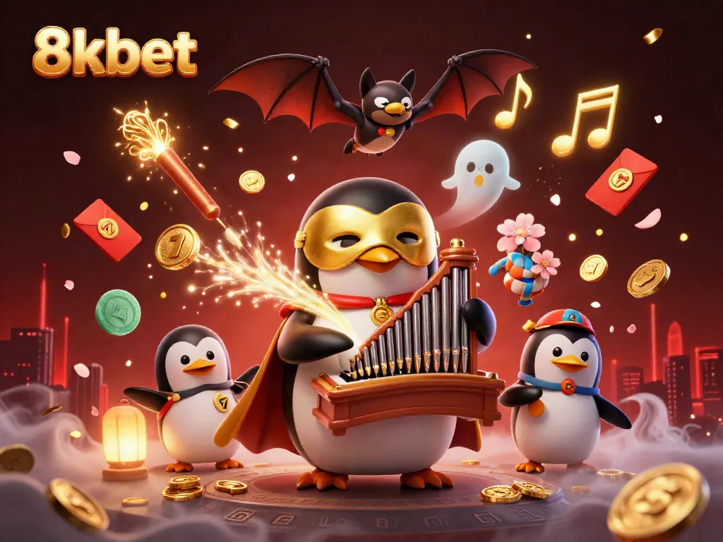 8xbet penguin plays organ shooting coins, enhancing online casino gameplay excitement.