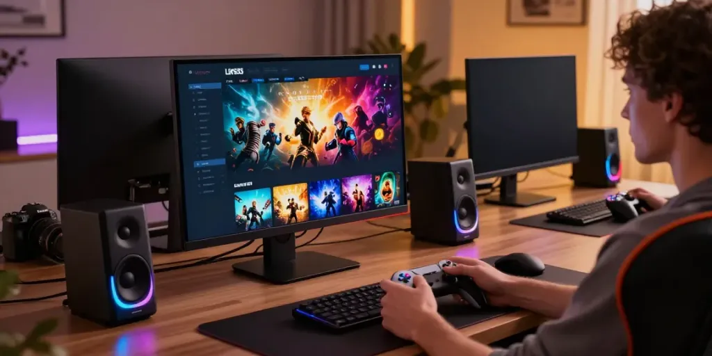 luxury333 interface showcasing vibrant game thumbnails and user engagement in a modern gaming setup