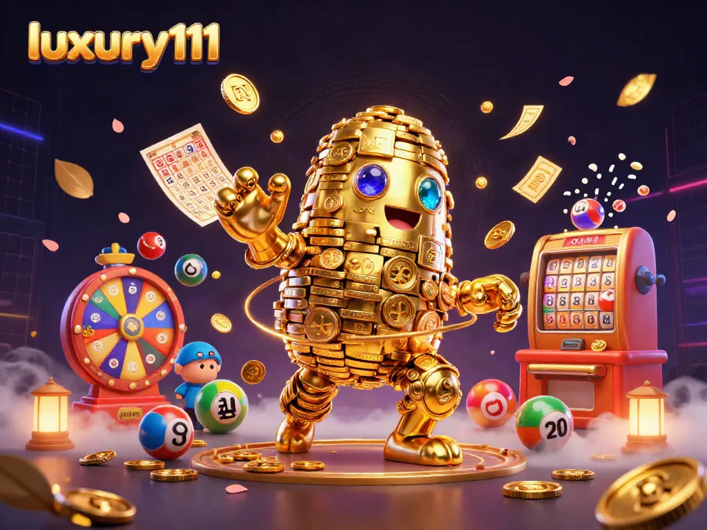 Spin to win on luxury111 with a dynamic scene featuring a golden golem, lottery balls, and vibrant casino elements.
