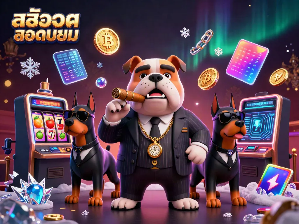 Experience the thrill of สล็อตยอดนิยม with dynamic scenes showcasing a mafia bulldog and bodyguards amid slot machines.