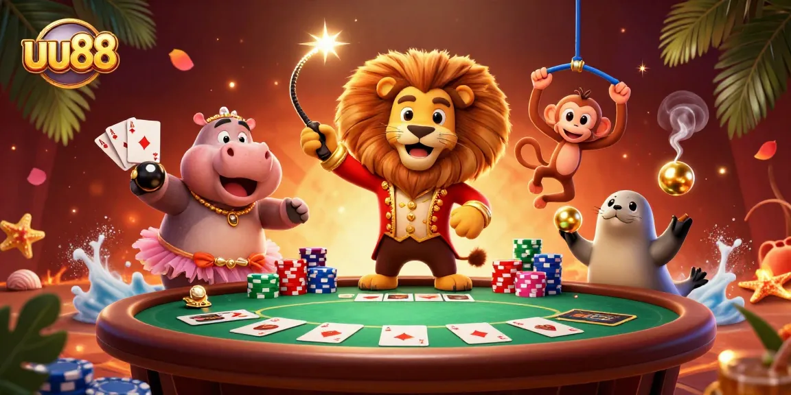 Engage with uu88 by experiencing a vibrant casino scene featuring circus characters and rich gaming elements.
