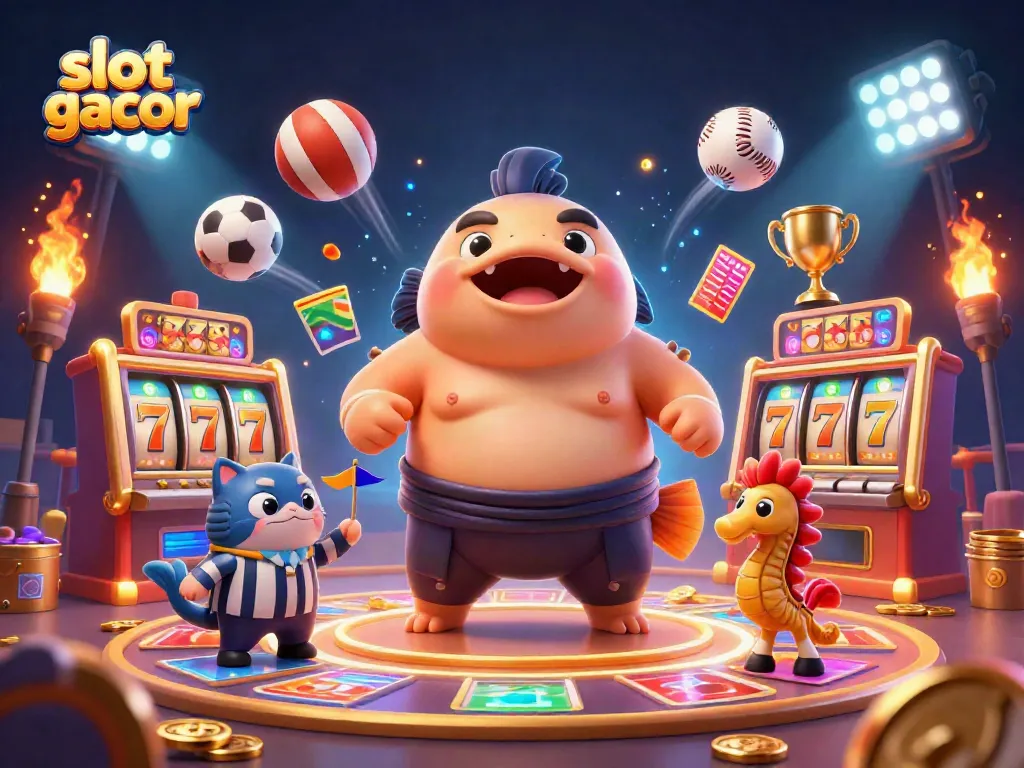 Engage with the slot gacor world featuring a dynamic scene with a fugu, referee, and sports elements.
