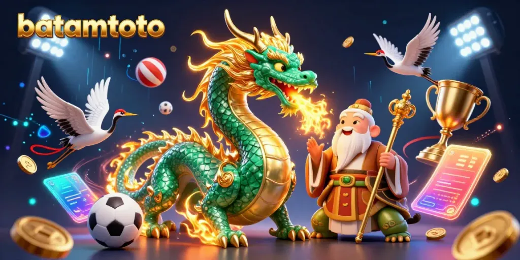 Experience the thrill of batamtoto with a dynamic scene featuring a jade dragon, turtle sage, and lucky cranes in vibrant casino action.