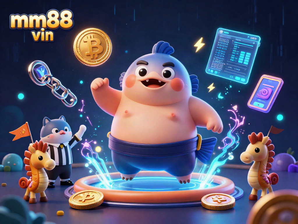 Engage with mm88 vin at this lively underwater casino scene featuring colorful 3D characters and crypto elements.