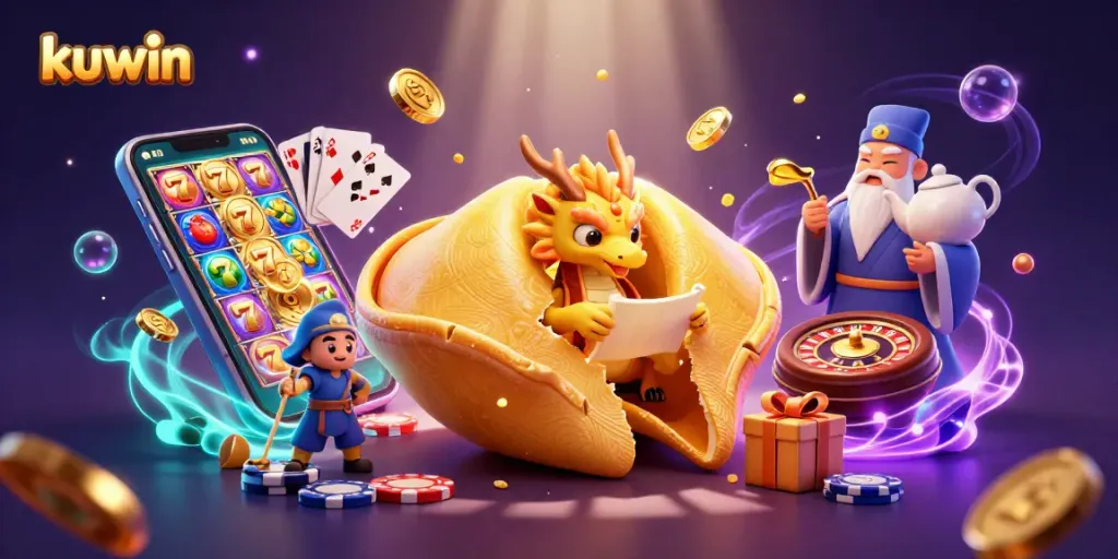 Kuwin supports thrilling slot gaming experiences with a 3D animated illustration featuring dynamic casino elements.