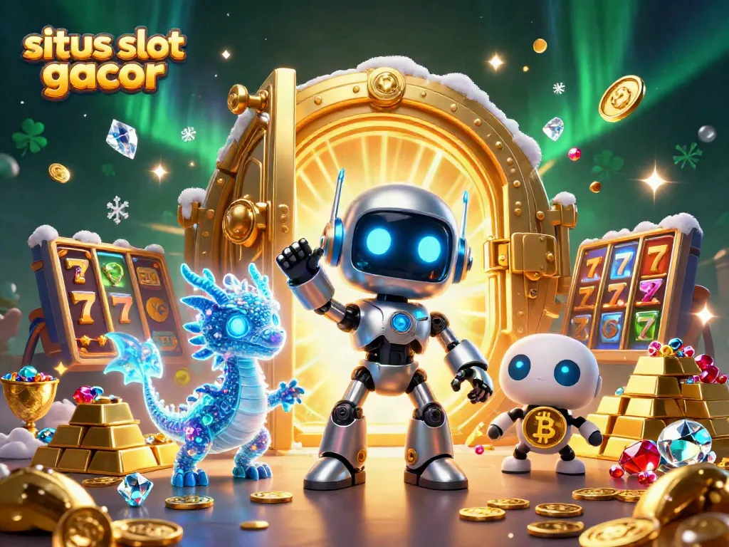 Gambarlah situs slot gacor dalam ilustrasi 3D dengan robot siber dan harta karun mengelilingi mereka.