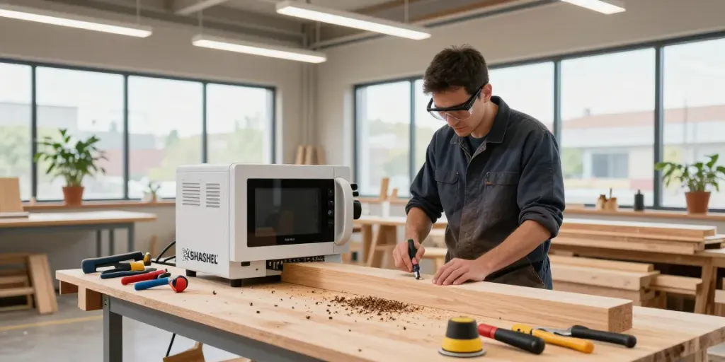 SHASHEL® microwave device effectively treating wood for pests in a professional workshop.