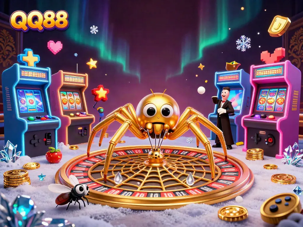 Experience the thrilling world of QQ88 with a golden web roulette wheel and engaging characters in a vibrant casino.