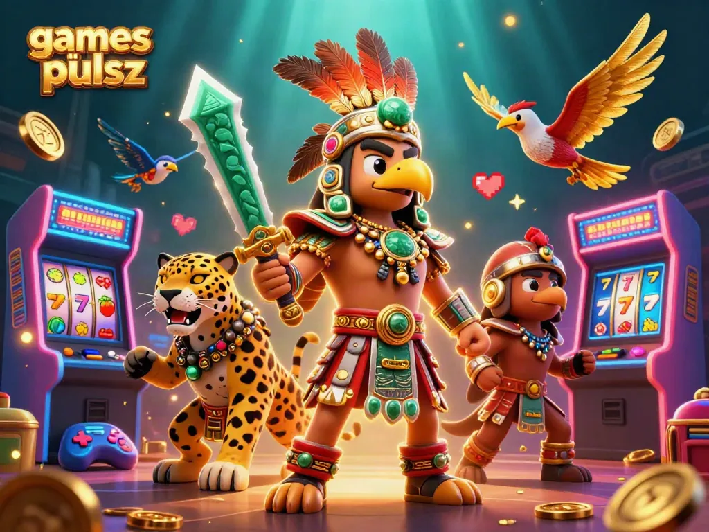 Engage with games like pulsz in this vibrant 3D illustration of casino elements and warriors.