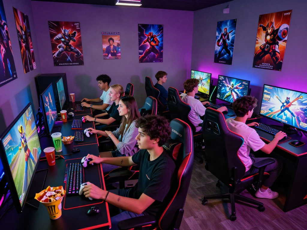 Exciting group playing porngames in a vibrant gaming lounge with snacks and neon lighting.