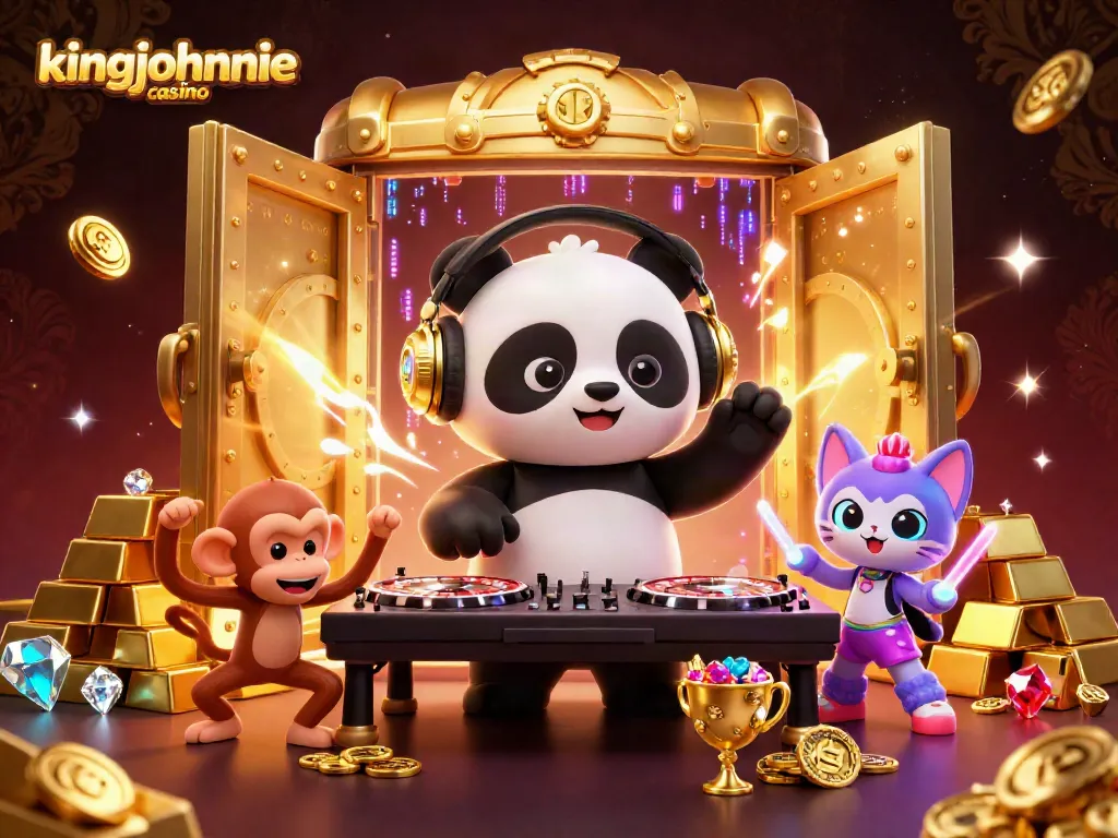 Experience thrilling gameplay at kingjohnnie casino with an exciting party scene of a DJ panda and colorful characters.