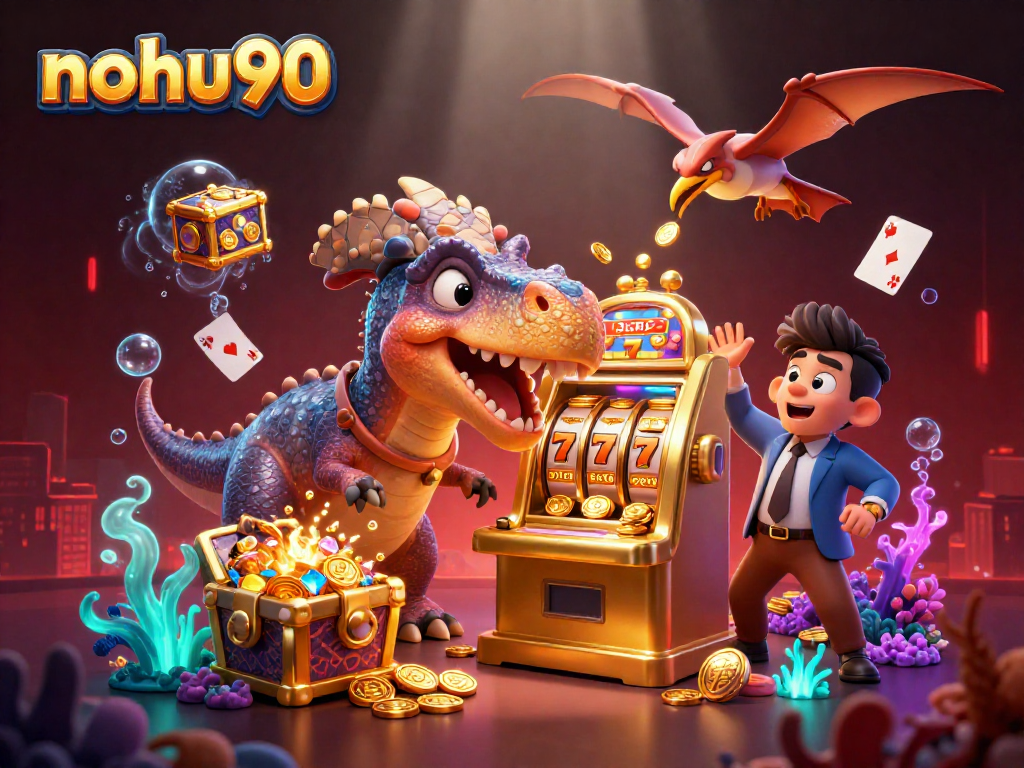 Nohu90 celebrates slot wins with a whimsical 3D illustration of dinosaurs and golden machines.