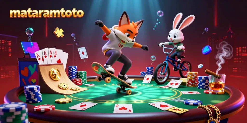 Engage with thrilling gambling at mataramtoto featuring vibrant casino elements in a dynamic 3D scene.