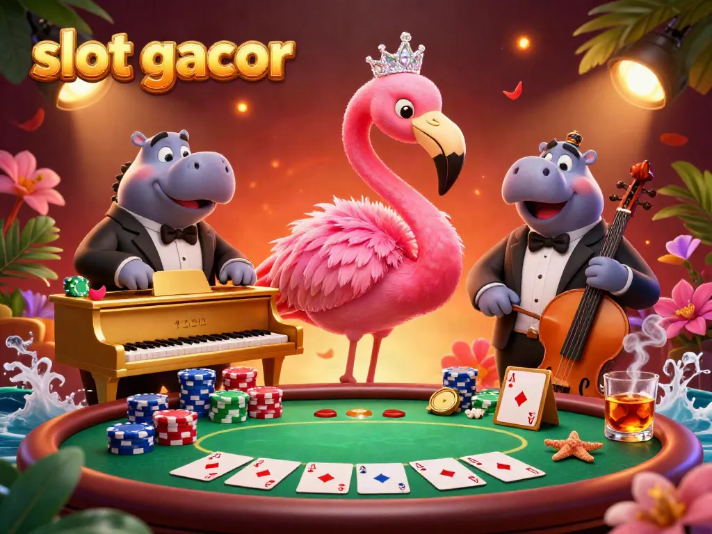 Engage with the dynamic "slot gacor" scene featuring a flamingo singer and hippo bassist in a casino.