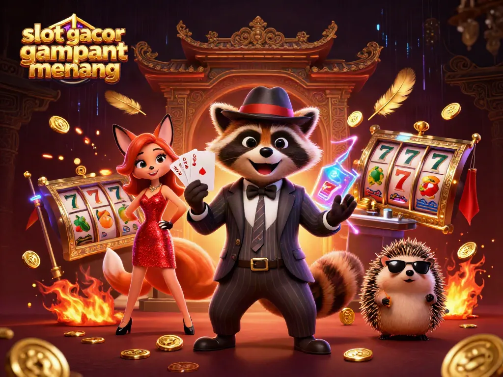 Experience slot gacor gampang menang with our stylish raccoon, fox lady, and hedgehog bouncer in a vibrant casino scene.