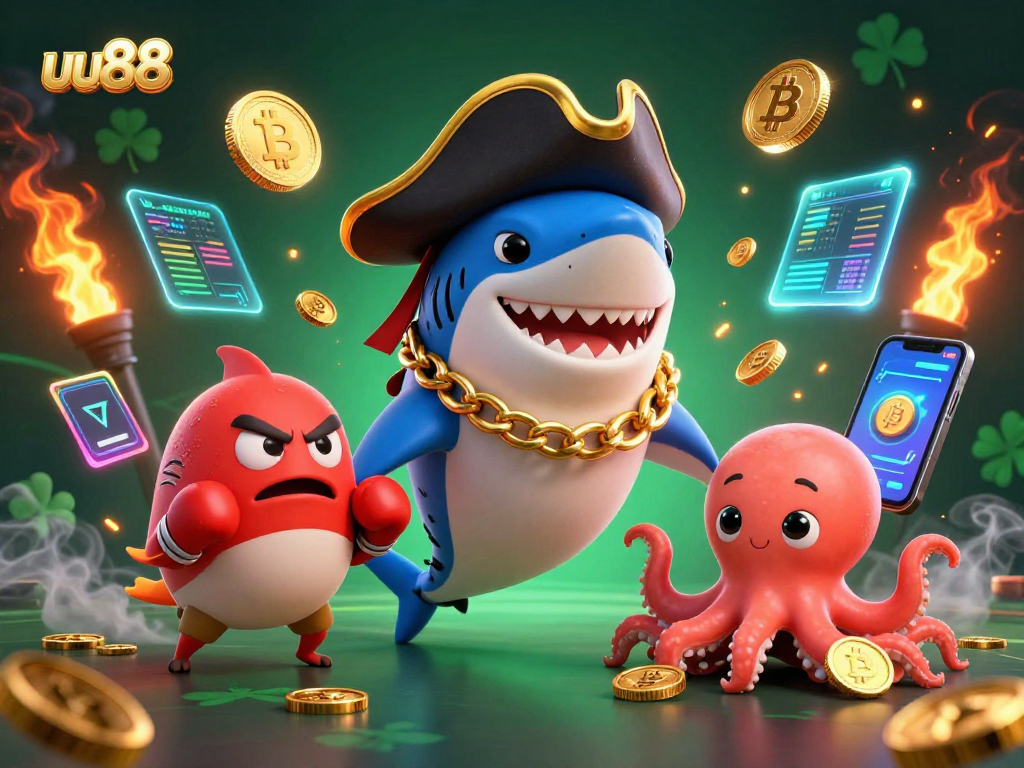 Engage with uu88's vibrant casino adventure, showcasing a cartoon shark, pufferfish, and octopus amidst dynamic crypto visuals.