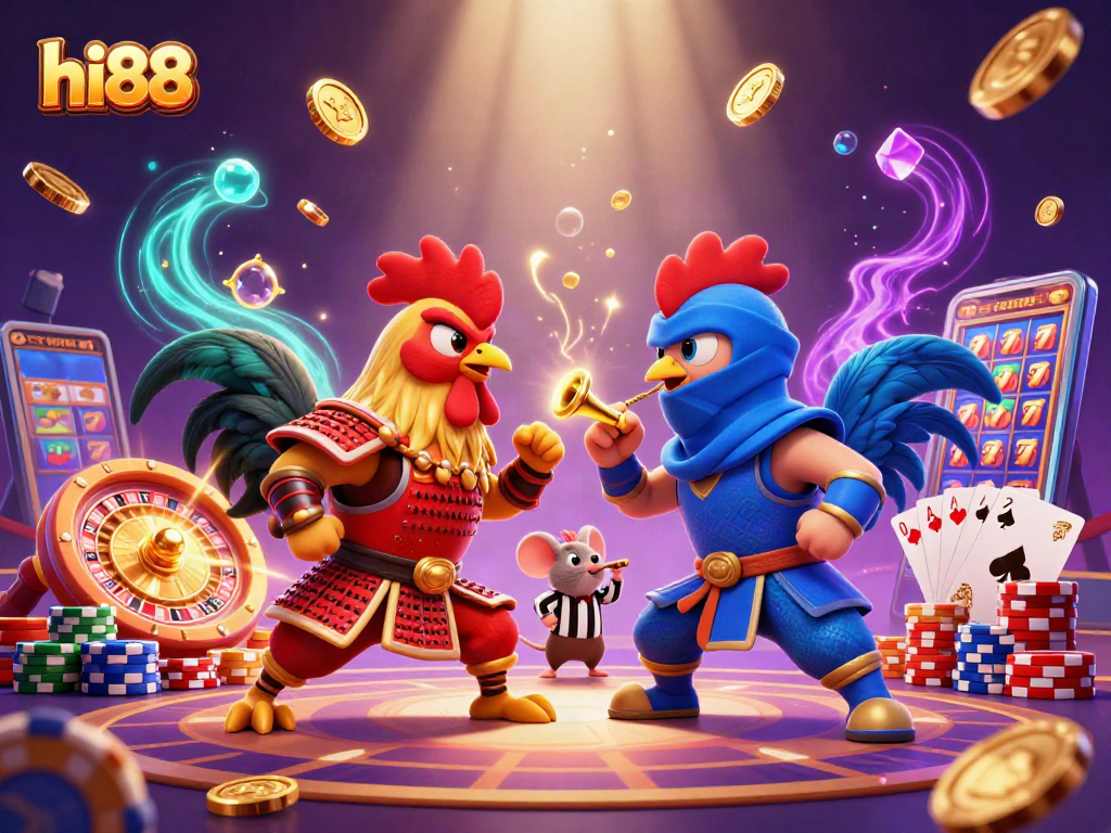 Experience the excitement of hi88 with a dynamic 3D illustration of roosters battling in an energetic casino scene.