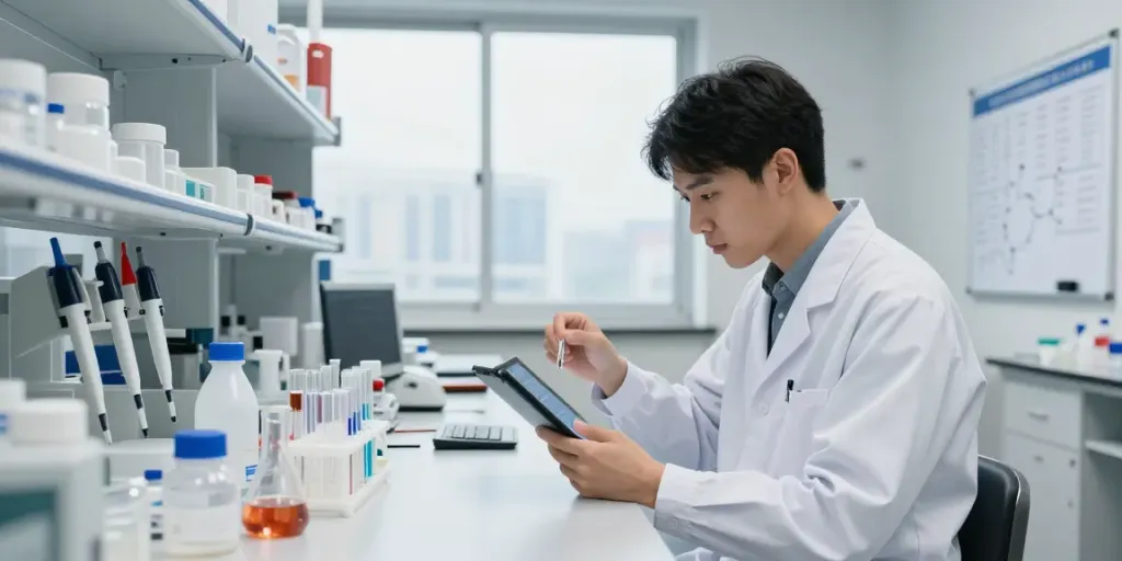 Scientist reviewing peptide samples and pricing data in a modern lab, highlighting peptidepricer comparisons.