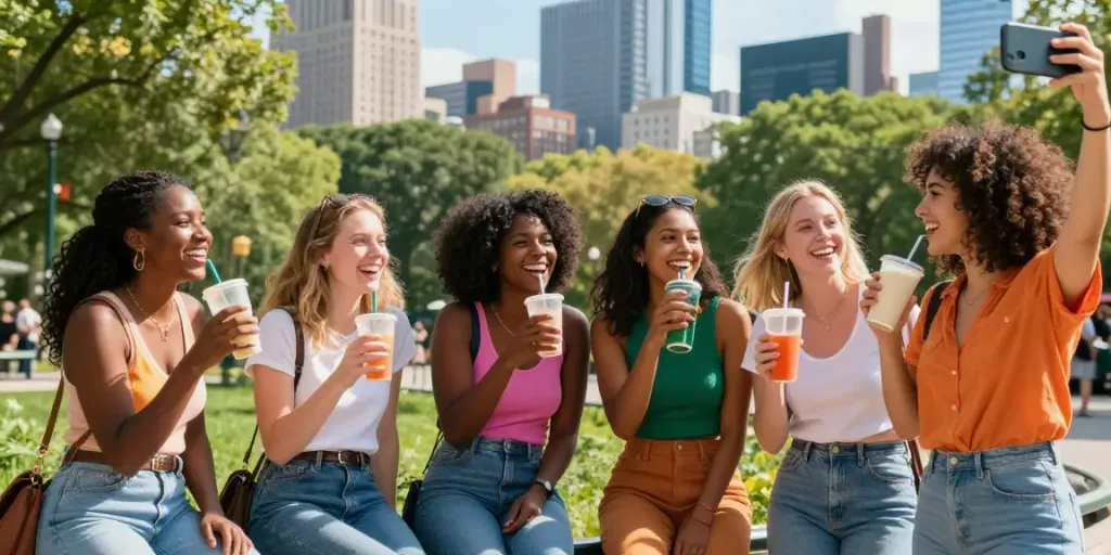 Diverse women sharing moments of joy and friendship in a lively urban park, reflecting themes of connection in lesbian porn narratives.