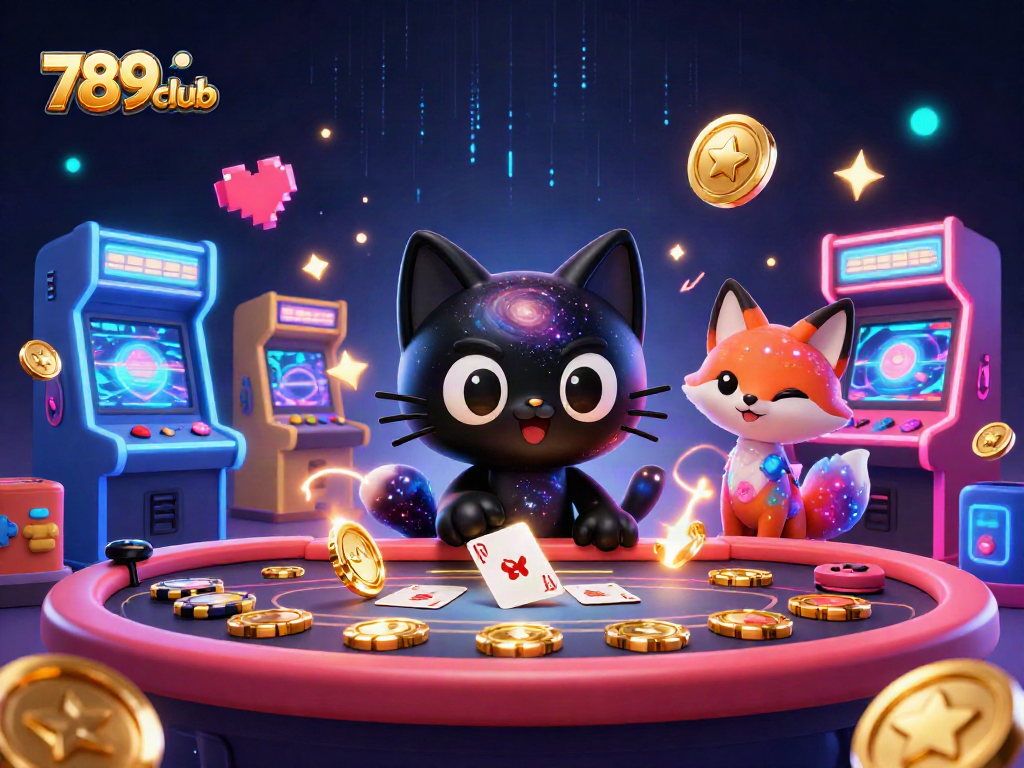 Engage with 789club's cosmic casino experience featuring a black hole cat and nebula fox with vivid game elements.