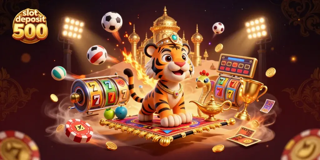 Engage in thrilling gameplay with slot deposit 500 illustrated by a vibrant Arabian Nights-themed casino scene.