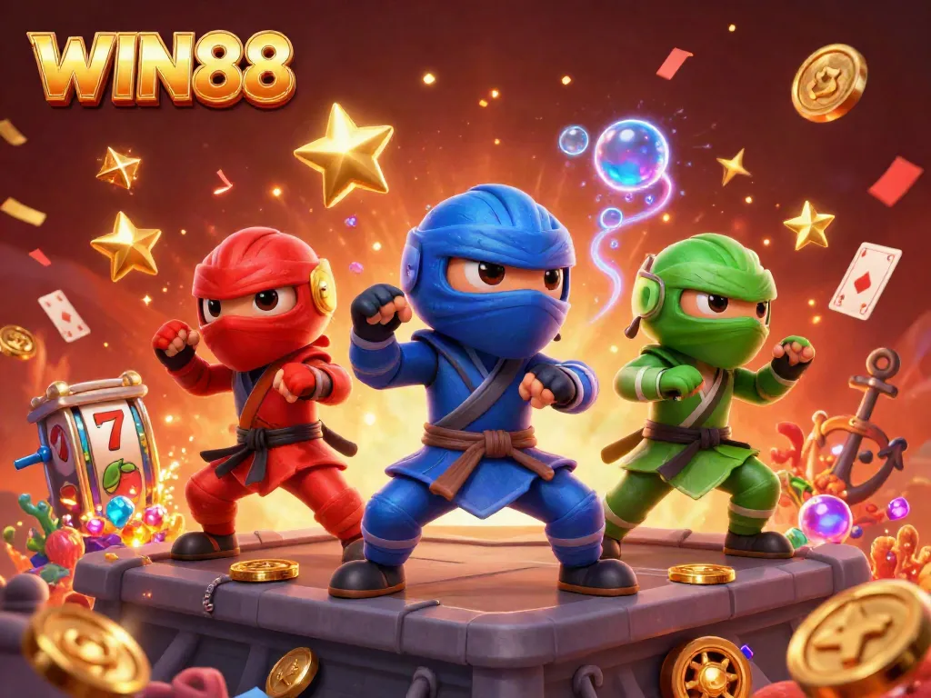 Experience the thrilling world of WIN88 with vibrant chameleon ninjas in action amidst dynamic casino elements.