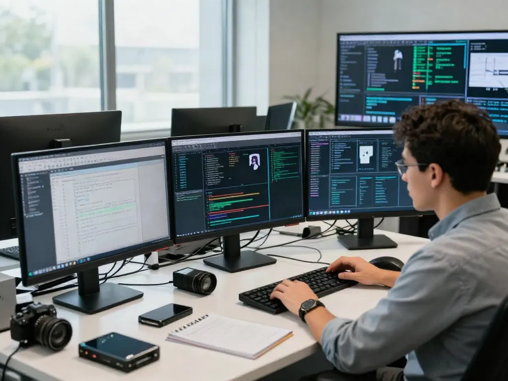 Digital investigations workspace with expert analyzing data and forensic tools.
