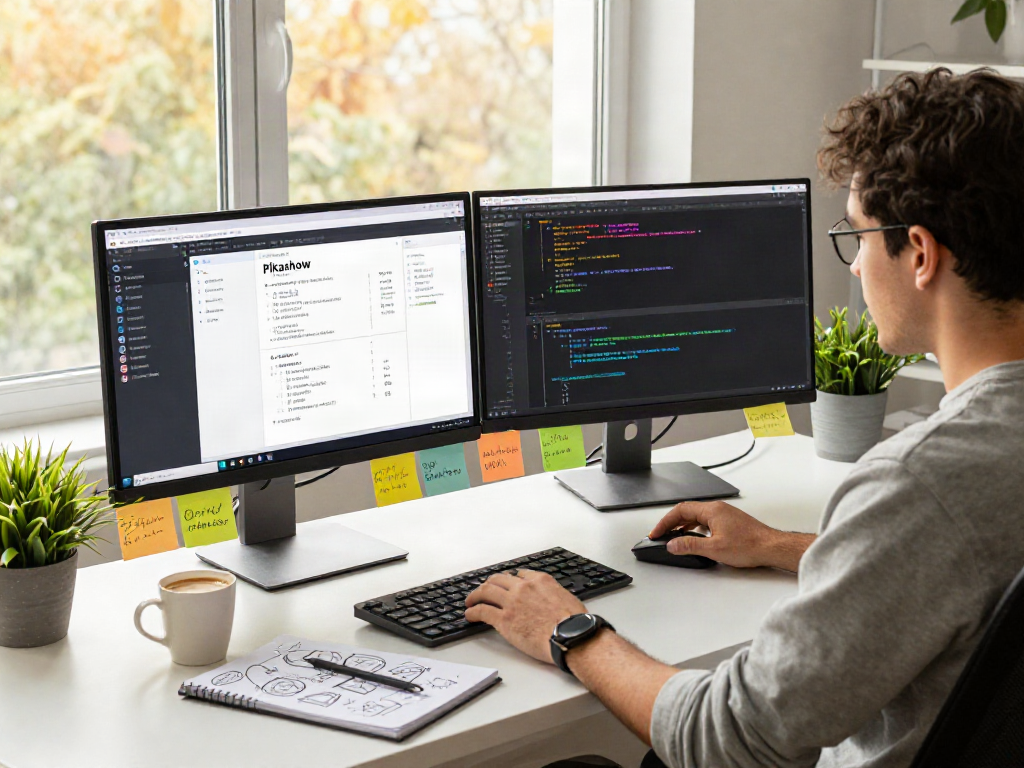 Pikashow app development workspace with screens showing coding and user interface.