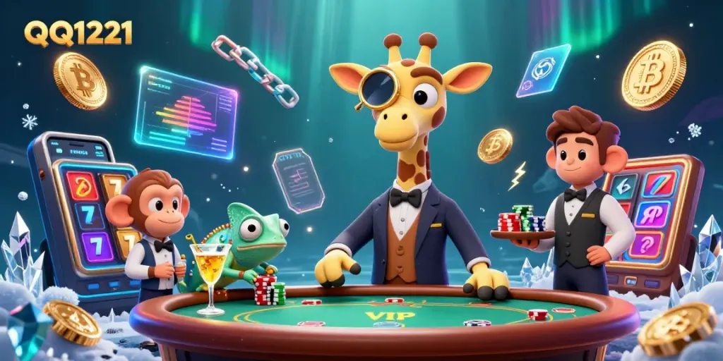 Engage in QQ1221 casino excitement as a high-roller giraffe plays poker amidst vibrant crypto elements.