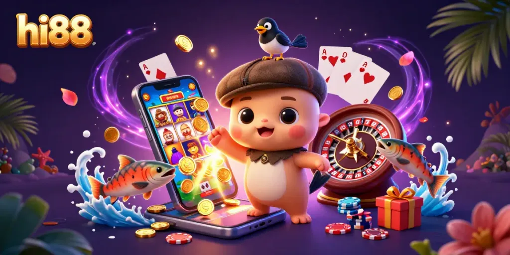 Engage in thrilling gameplay with hi88’s dynamic casino scene featuring vibrant slot games and playful characters.