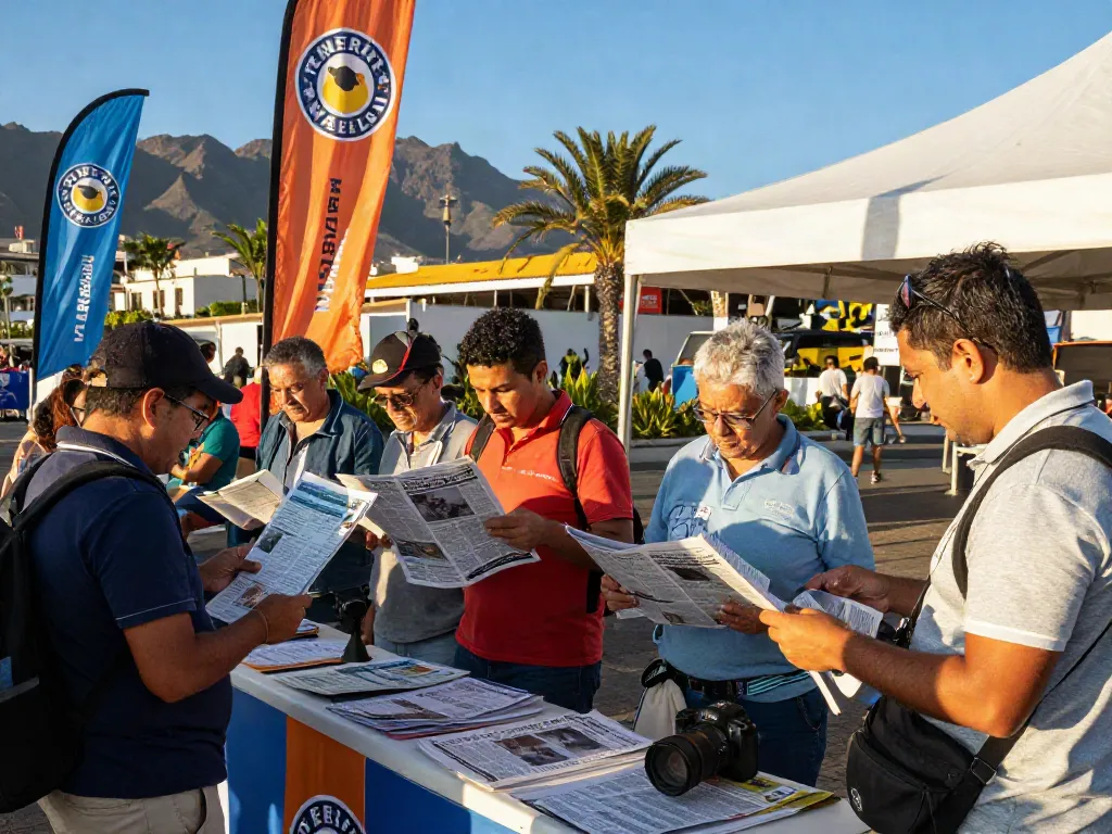Community members engaging with Tenerife Weekly news at an outdoor event, showcasing local awareness.