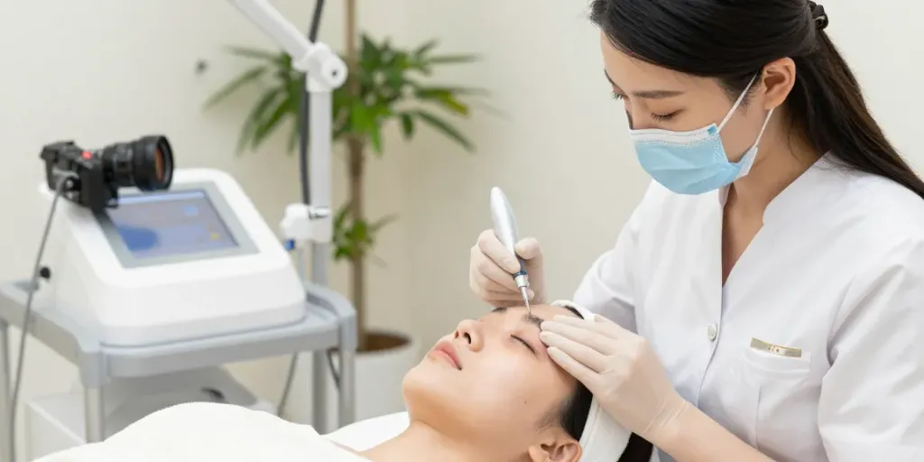 Ärztin entfernt Augenringe durch eine sanfte Behandlung mit Hyaluronsäure in einer modernen Klinik.