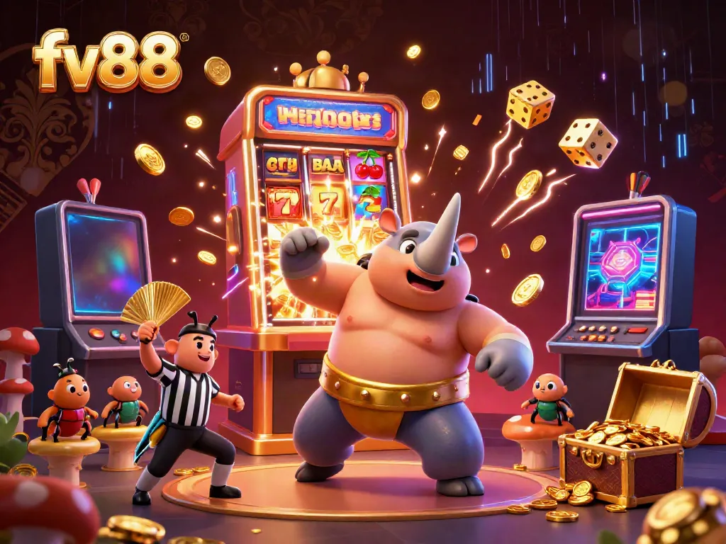 Spin to win at fv88 with a cartoon beetle champion amidst a cascade of coins and slot elements.