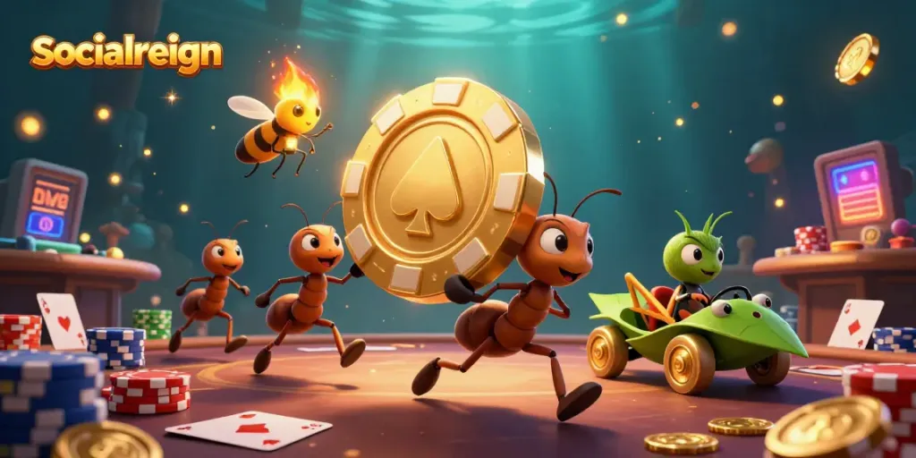 Engage in thrilling poker action with socialreign as ants execute a heist for a giant poker chip.