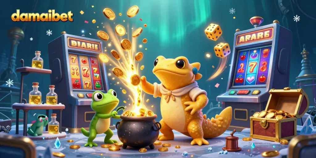 Damaibet features a golden salamander alchemist in a vibrant casino scene, depicting exciting game elements.