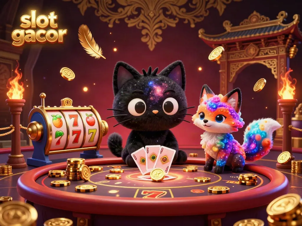 Gambarlah slot gacor dengan kucing hitam galaksi dan rubah nebula di meja kasino.