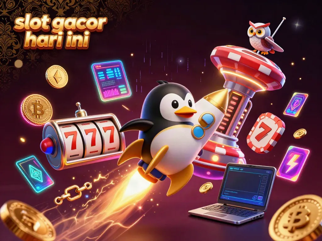 Experience thrilling wins with slot gacor hari ini, showcasing a dynamic casino scene featuring a golden penguin.