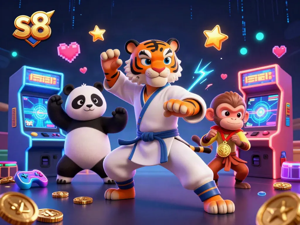 S8 players winning golden medals in a vibrant casino-themed 3D scene with dynamic characters and gaming elements.
