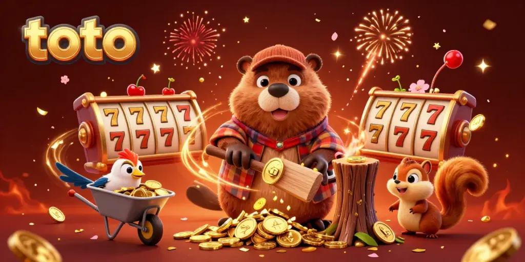 Experience thrilling toto gameplay with golden coins falling amidst lively characters in a dynamic casino scene.